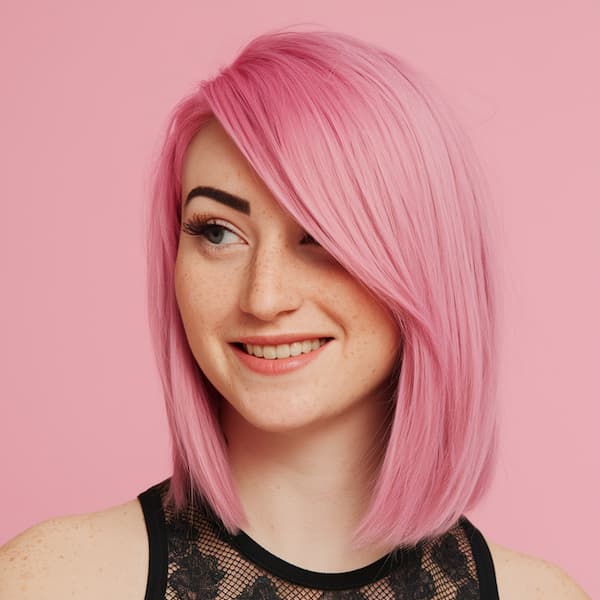 Pure Pinkish Lob with Side-Swept Bangs